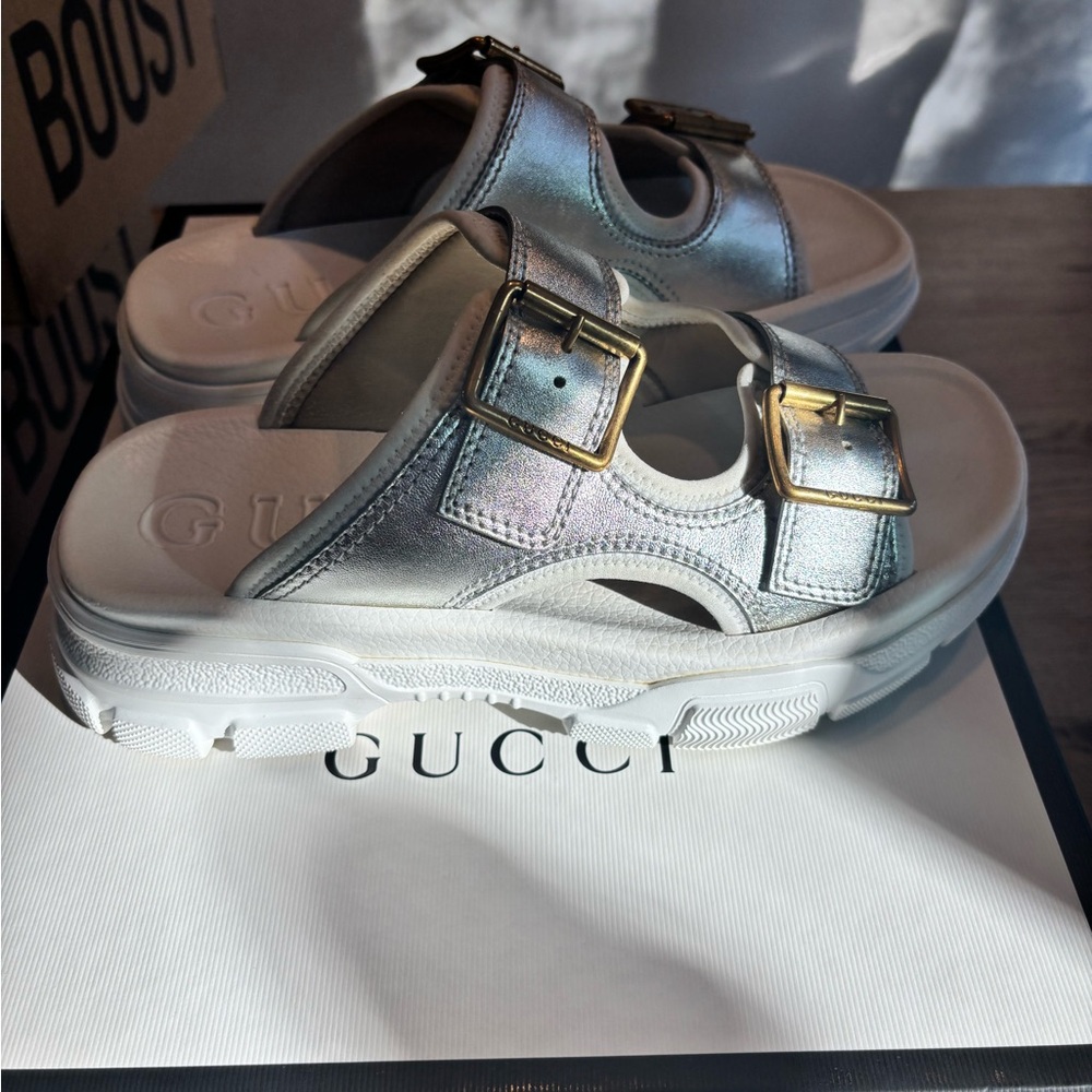 Gucci Metallic Silver Slides with Gold Buckles